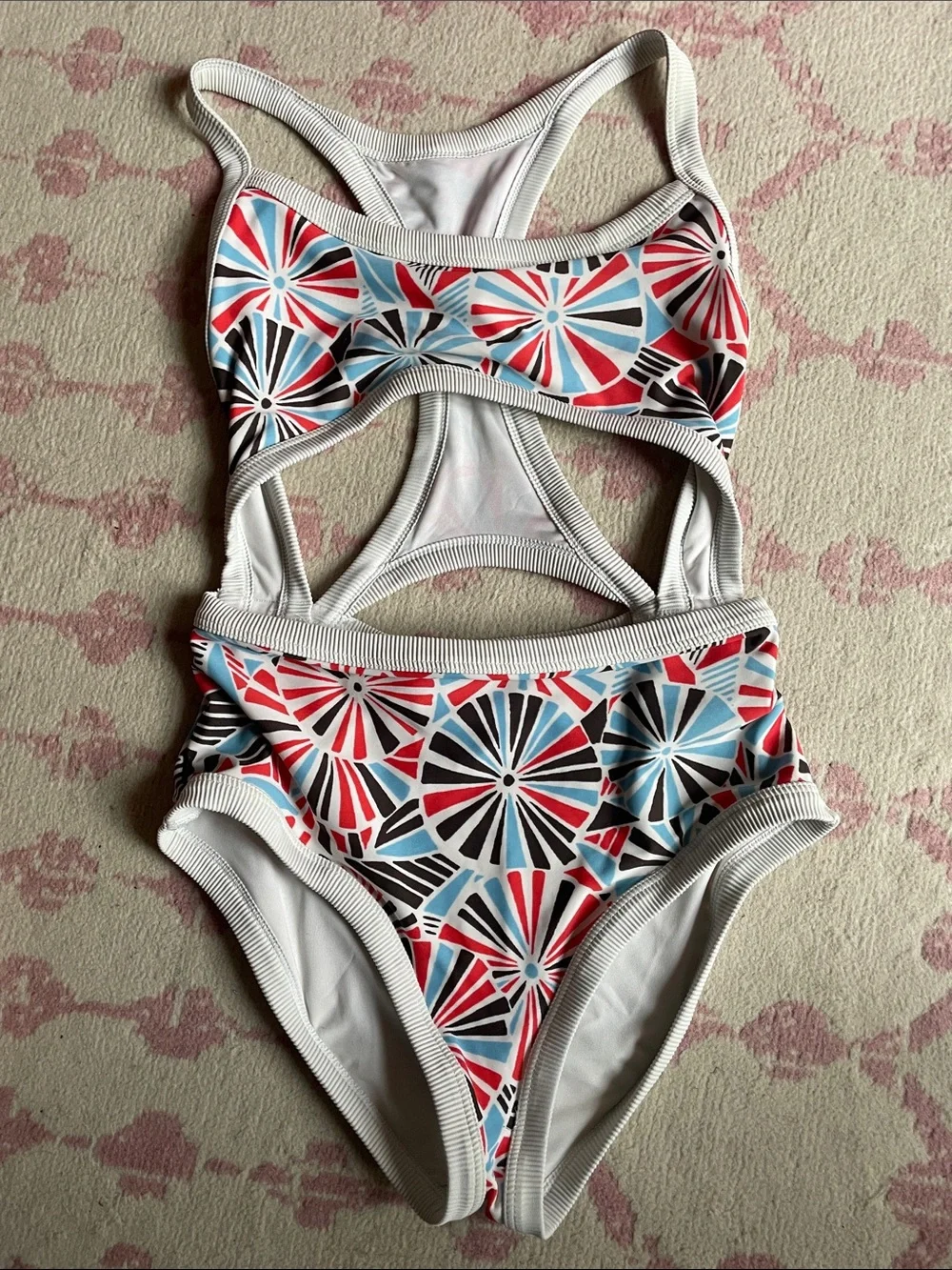 Arie Cutout One-Piece Swimsuit in Red, White, Blue & Black With Ribbed Trim Sz.